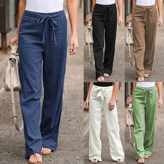 Pantalones de lino y algodón con cintura elástica de verano para mujer