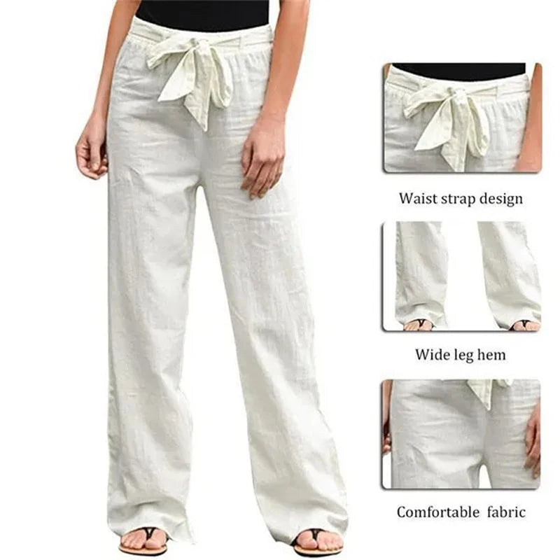 Pantalones de lino y algodón con cintura elástica de verano para mujer