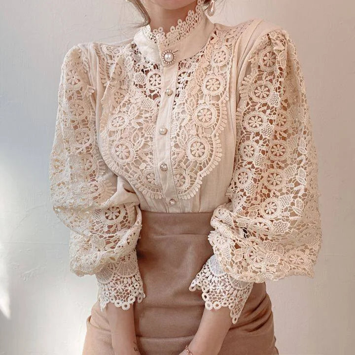 Women Chic Elegant Chiffon Button Turtleneck Shirt