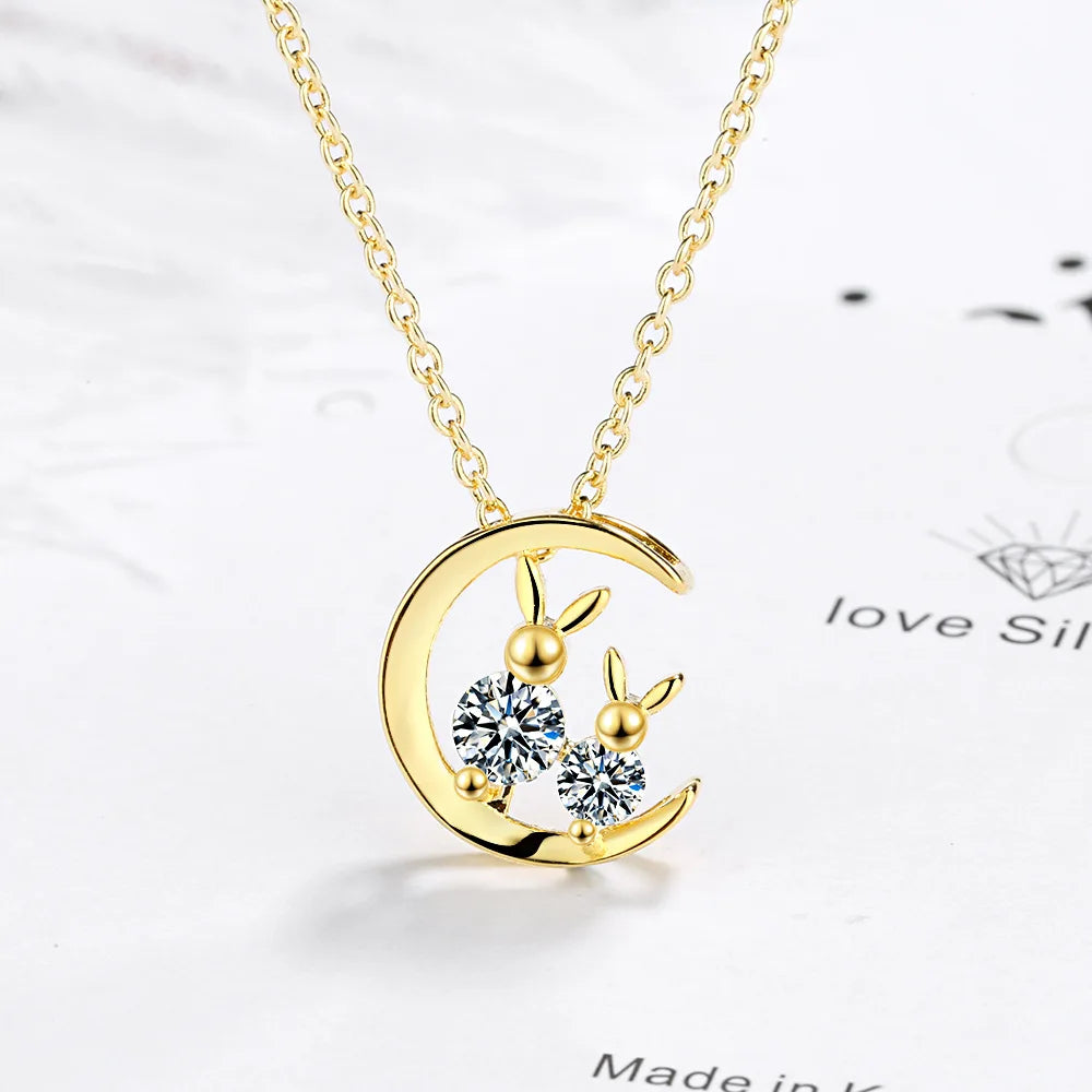 925 Sterling Silver Rabbit Zircon Moon Necklaces