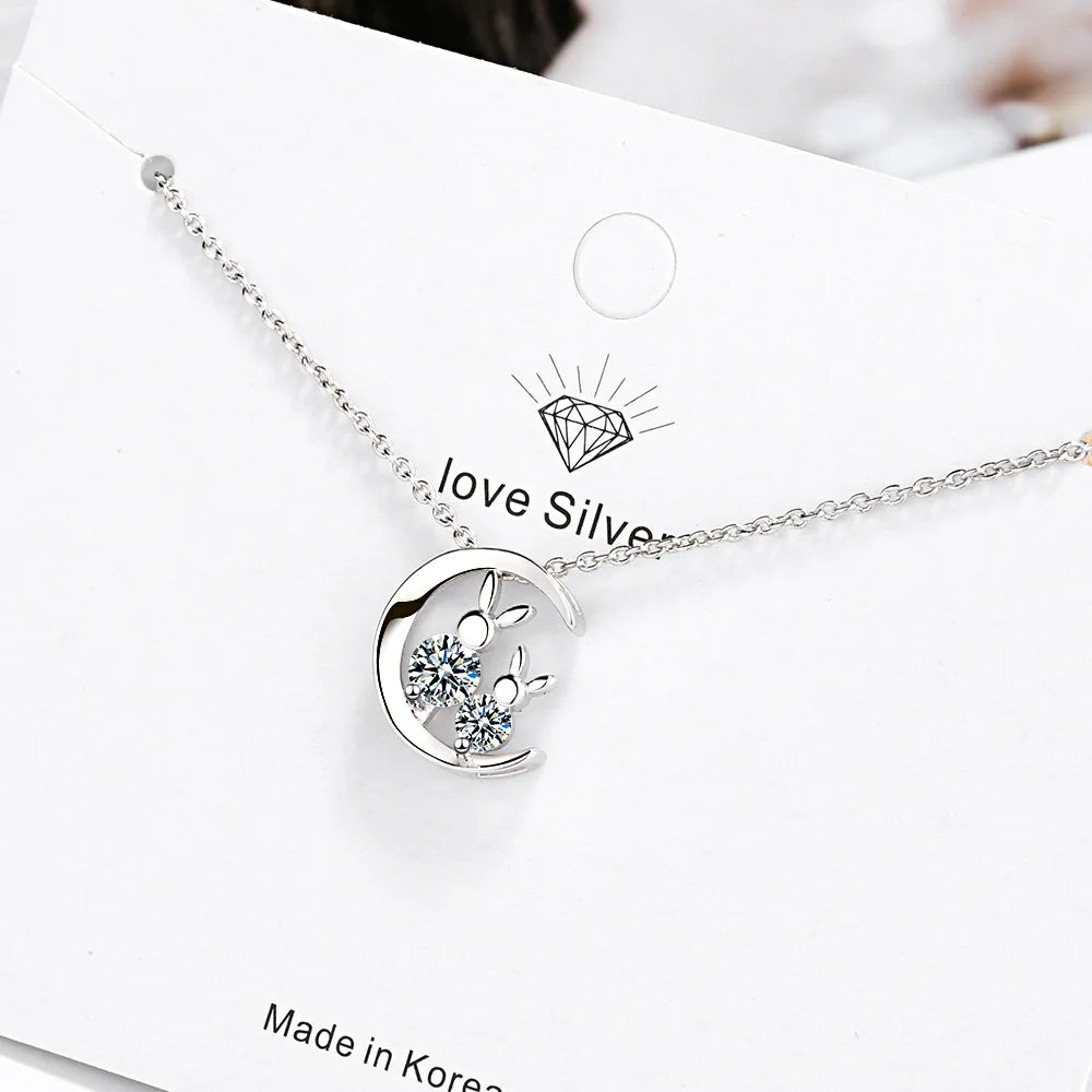 925 Sterling Silver Rabbit Zircon Moon Necklaces