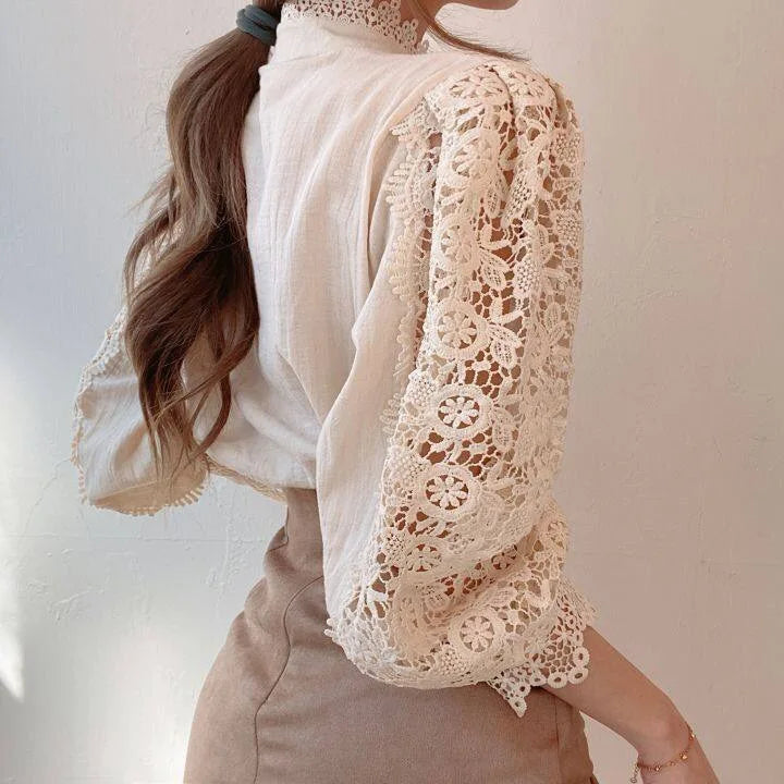 Women Chic Elegant Chiffon Button Turtleneck Shirt