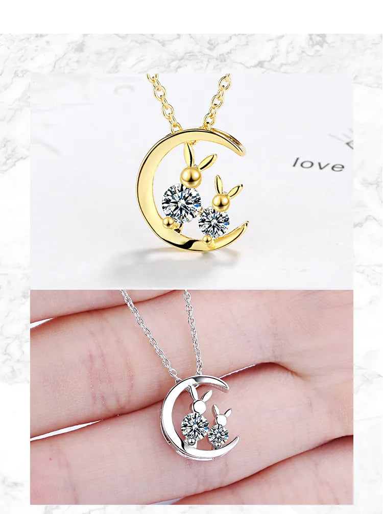 925 Sterling Silver Rabbit Zircon Moon Necklaces