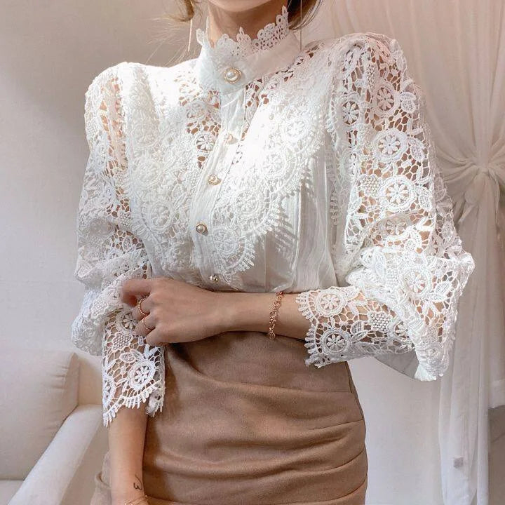 Women Chic Elegant Chiffon Button Turtleneck Shirt