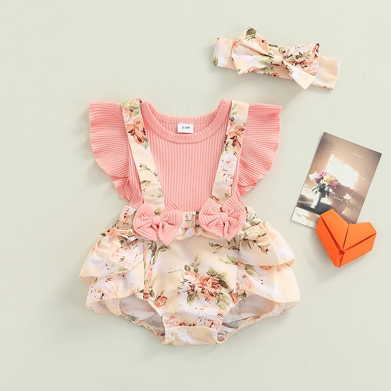 Baby Girls Floral Print Ribbed Romper Ruffle Fly Sleeve Jumpsuit