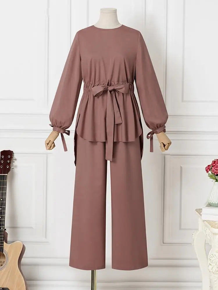 Zahra Matching Sets Long Sleeve Solid Color Tops And Loose Pant Suit