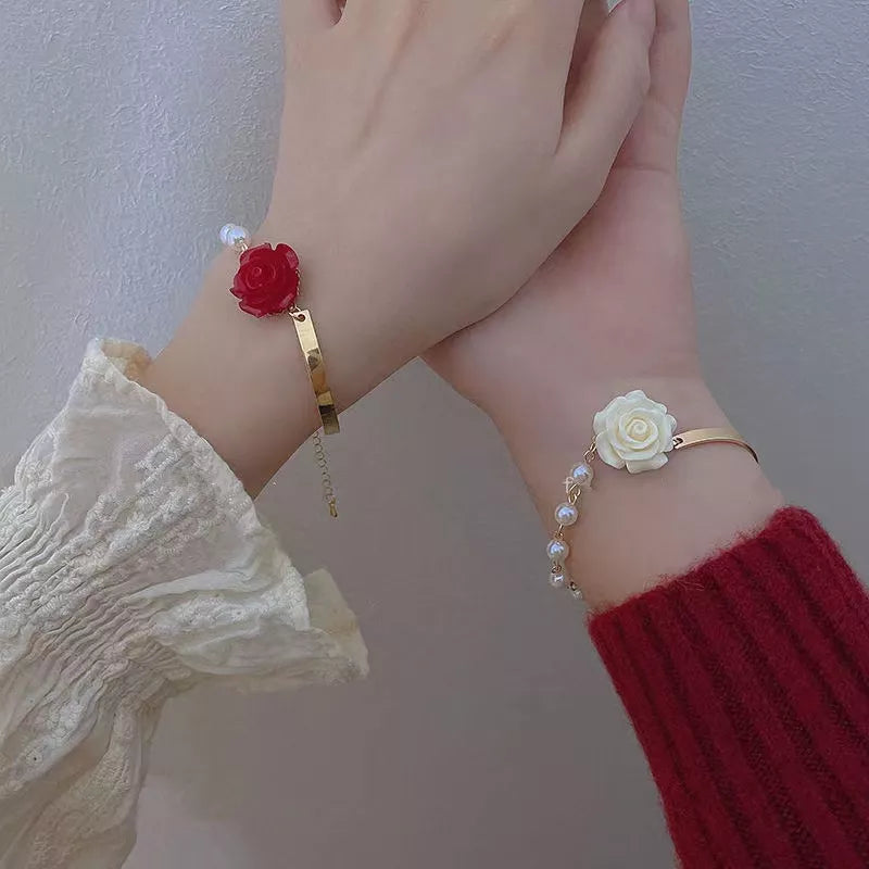 Korean Style Red Rose Imitation Pearl Bracelet