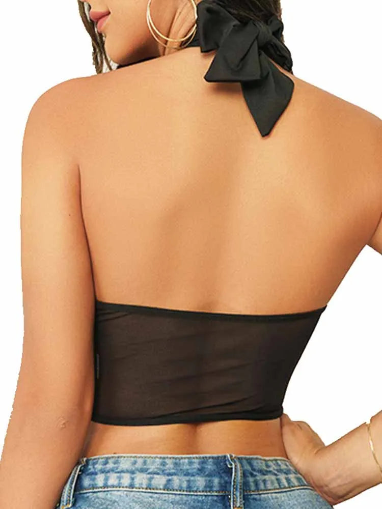 Sexy Neckholder-Korsett mit Kreuz, Bustier, Netzstoff, Knochen-Tanktops