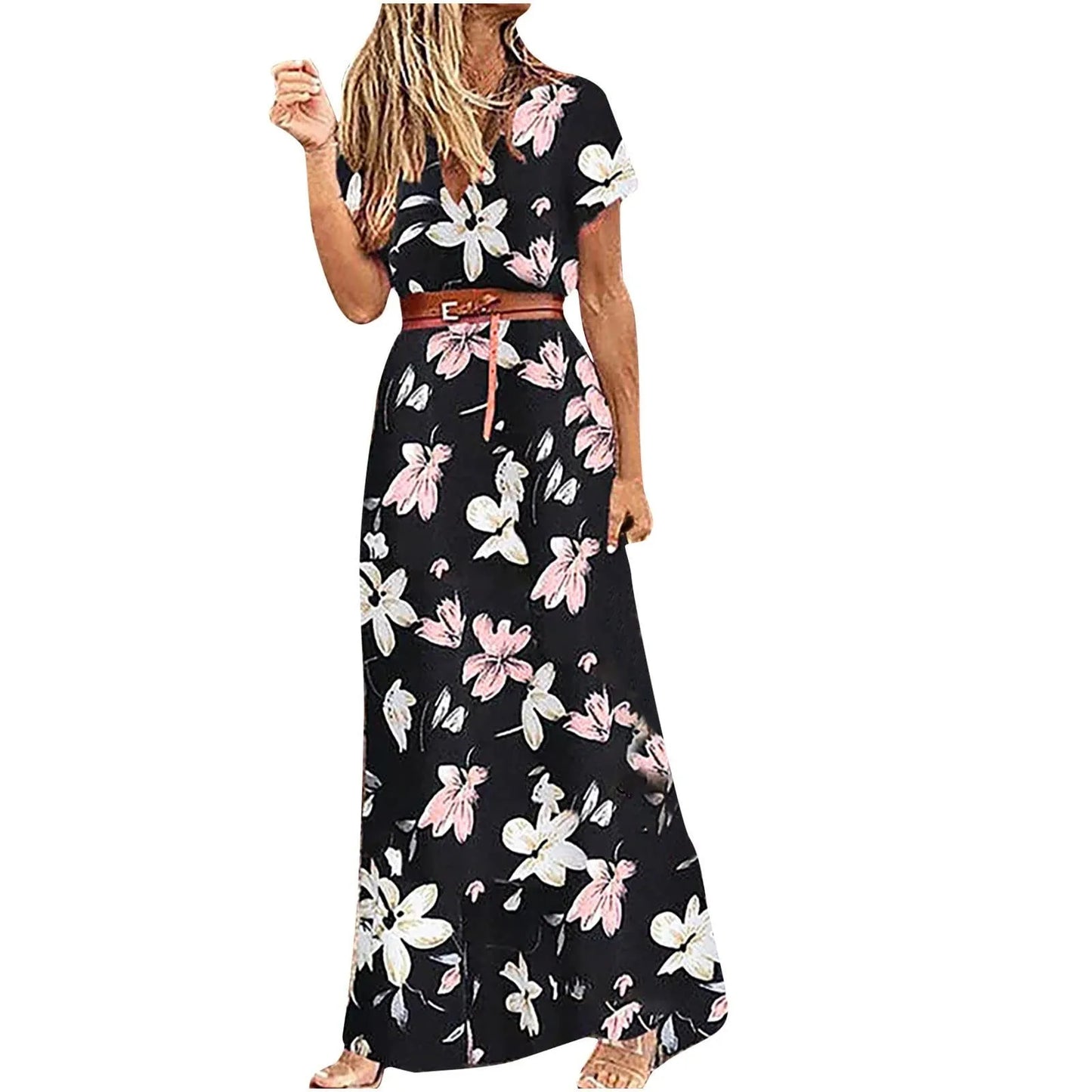 Short Sleeve Fashion Floral Printed Maxi Long Dress With Belt