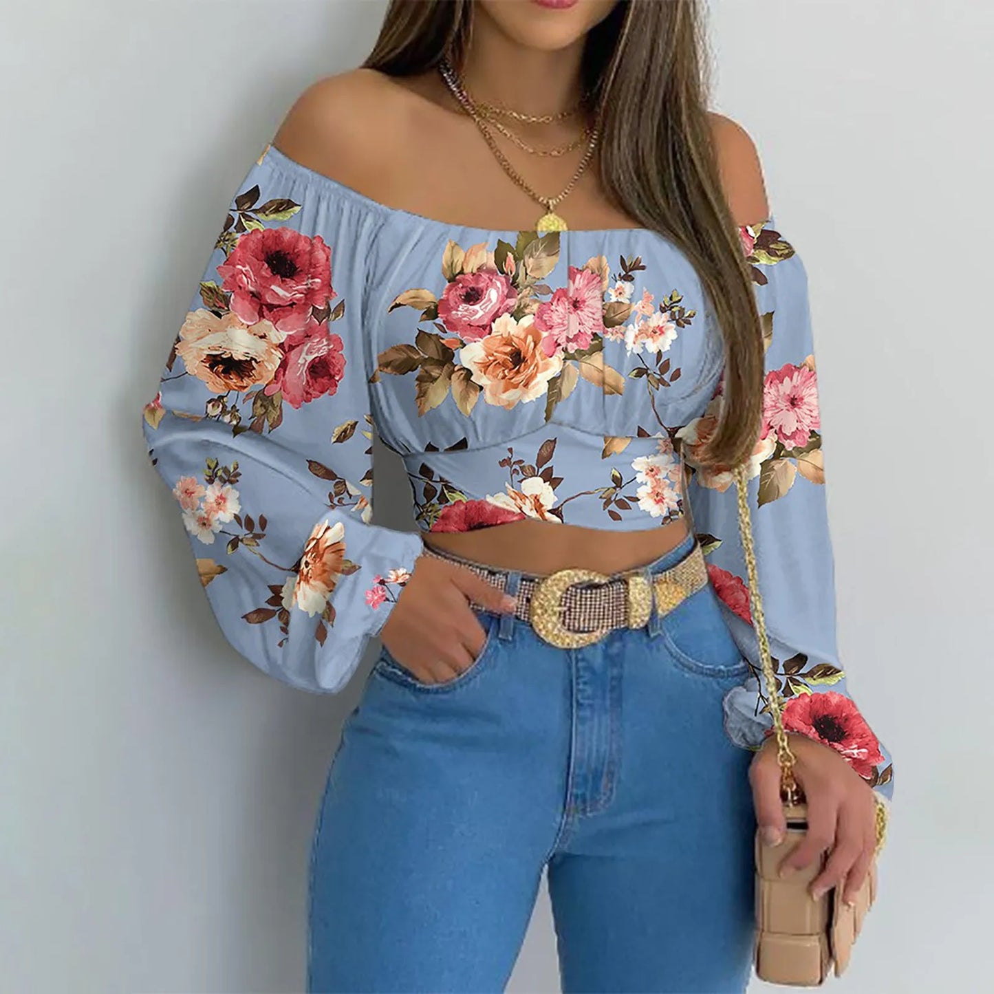 Off Shoulder Printing Blouses Chic and Elegant Lantern Long Sleeve Lace Up