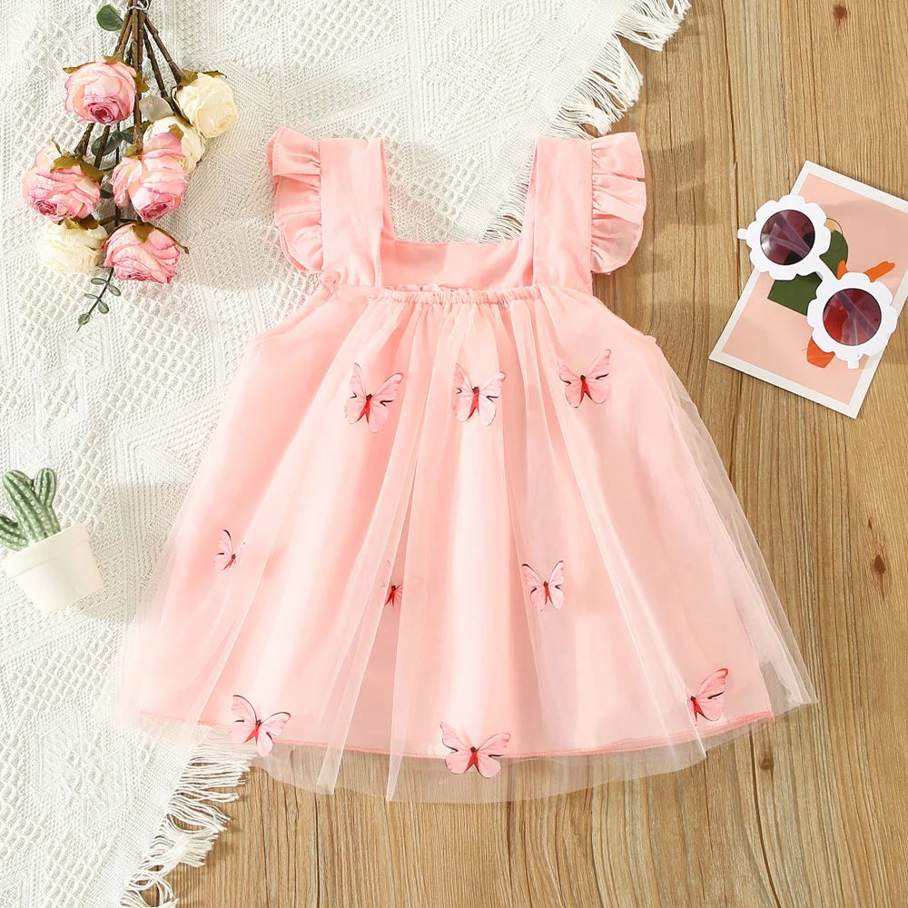 Summer New Baby Girl Dress With Lace Folded And Butterfly Printed Ribbon