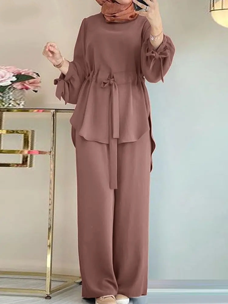 Zahra Matching Sets Long Sleeve Solid Color Tops And Loose Pant Suit