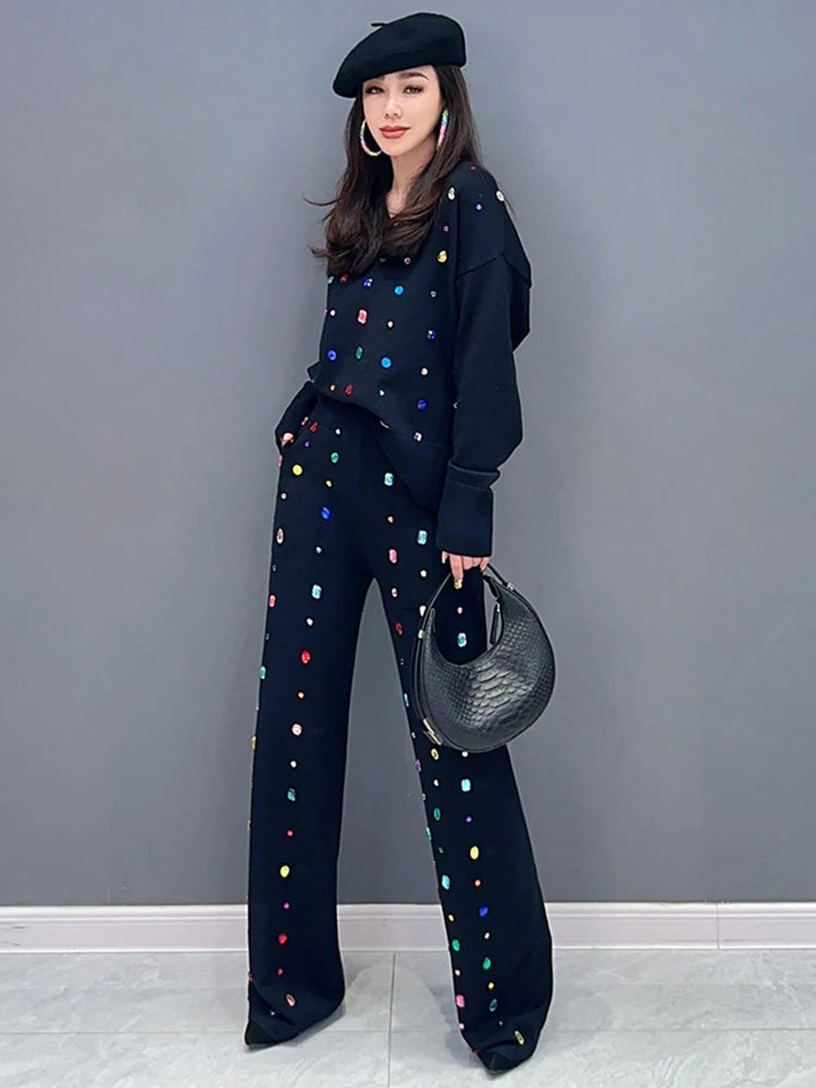 SHENGPALAE Autumn 2024 New Knit 2 Piece Set Fashion Diamonds Spliced Pullover Tops Casual Elastic Waist Full Length Pants 5R6629