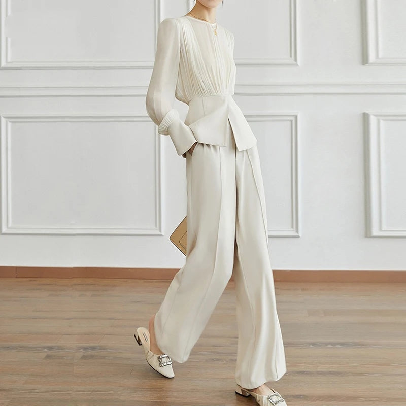 Manal 2-Piece Suit Elegant Long Sleeve Top & Simple Wide Leg Pants