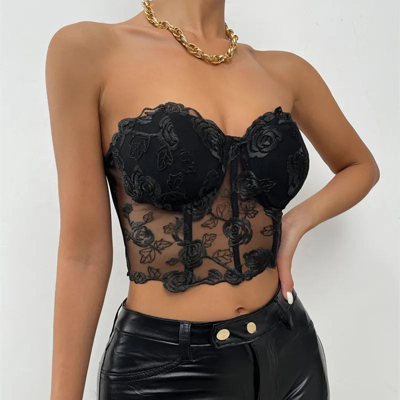 Trägerloses bauchfreies Top für Damen, rückenfreies Top mit Blumenmuster, schwarzes sexy Top