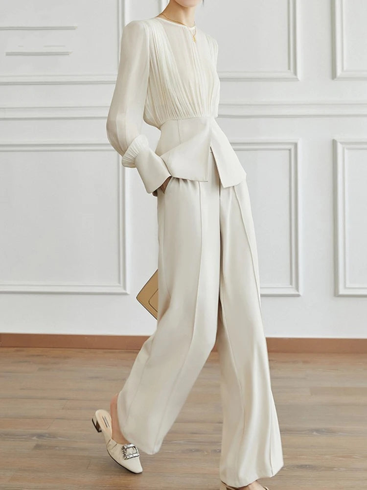 Manal 2-Piece Suit Elegant Long Sleeve Top & Simple Wide Leg Pants