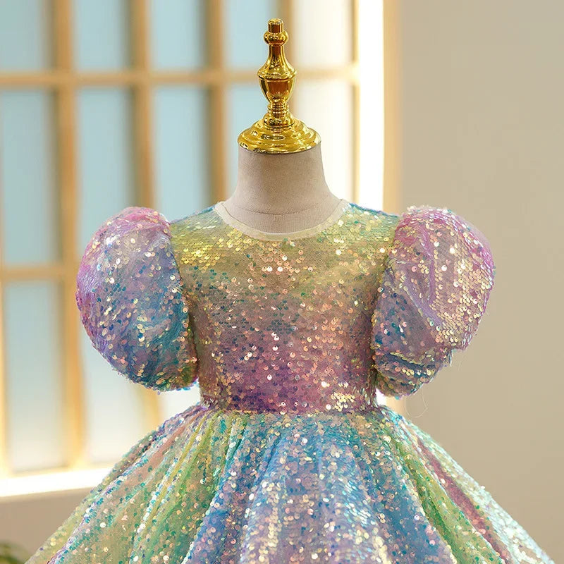 Pastel Sparkles Shimmers Puffy Sleeves Sequin Girl Dress