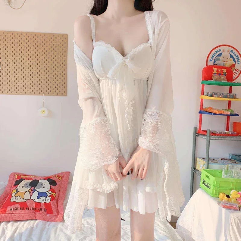 Summer Sexy Pajamas with Breast Pads Female Lace Pajamas Robe Gown Set