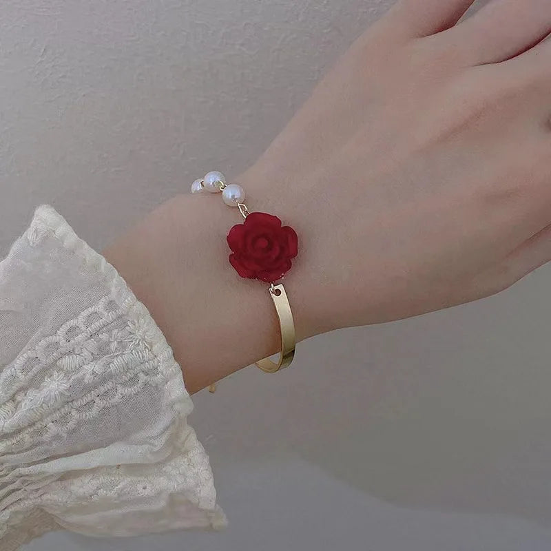 Korean Style Red Rose Imitation Pearl Bracelet