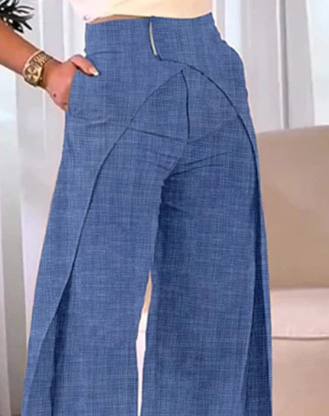 Pantalones Elegantes De Cintura Alta Superpuestos Pierna Ancha Asimétrica