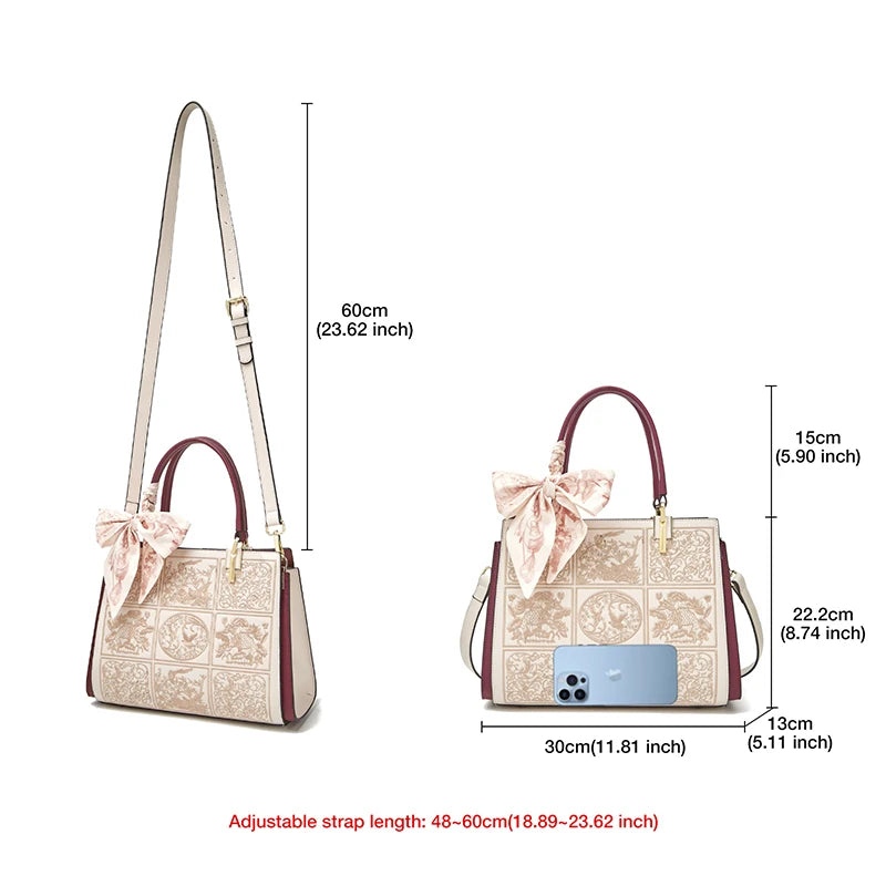 Bolso mediano de bolsillo con estampado de bufanda de seda y cuero dividido elegante