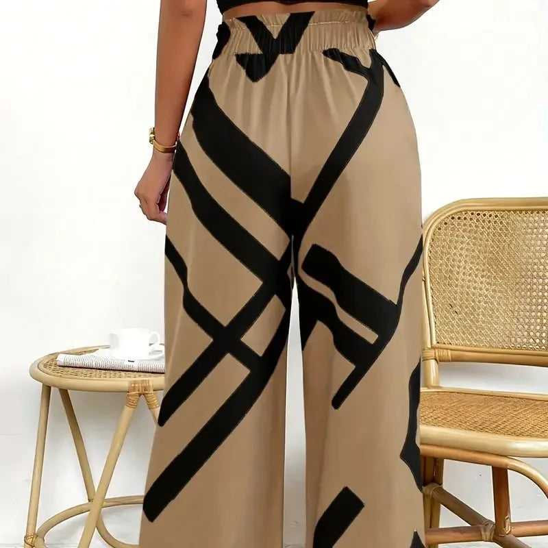 Women's Printed Pants with Waistband and Wide Leg