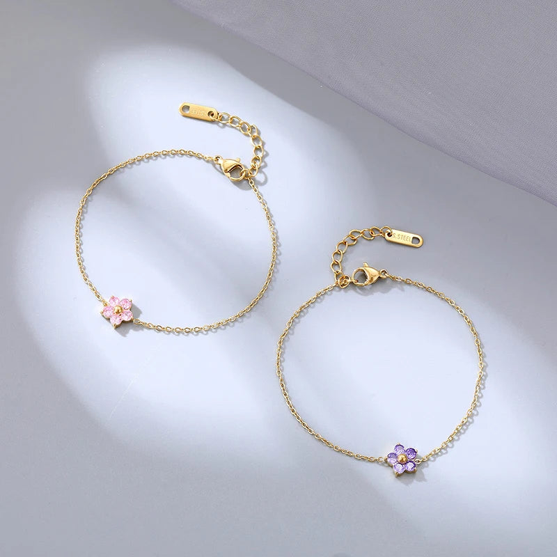 Stainless Steel 16K Gold Plated Colorful Cubic Zirconia Flower Bracelet