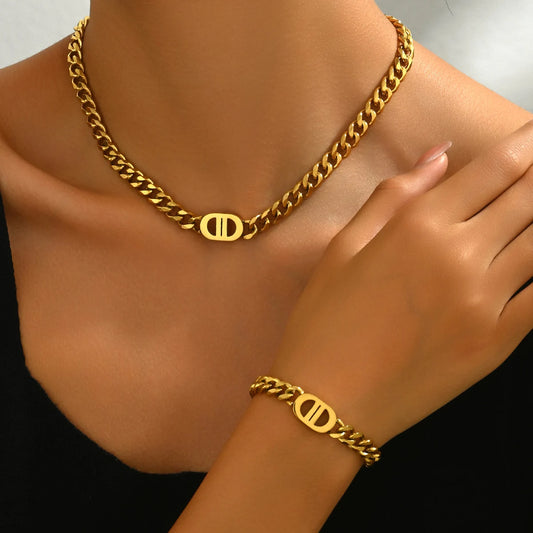 2 PCS Set Gold Color Cuban Chain Geometric Charm Necklace Bracelet Jewelry Set Hiphop Trendy Thick Chain Bracelet Choker Set