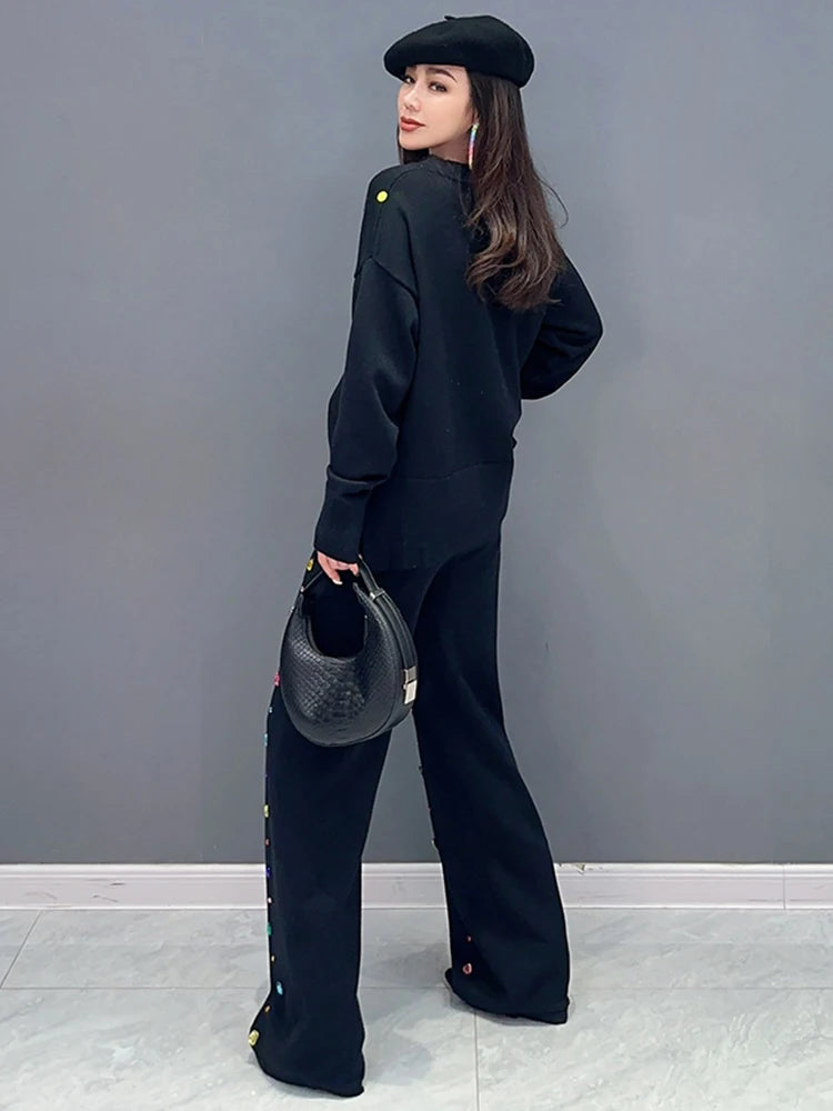 SHENGPALAE Autumn 2024 New Knit 2 Piece Set Fashion Diamonds Spliced Pullover Tops Casual Elastic Waist Full Length Pants 5R6629