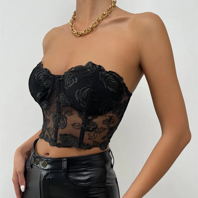 Trägerloses bauchfreies Top für Damen, rückenfreies Top mit Blumenmuster, schwarzes sexy Top