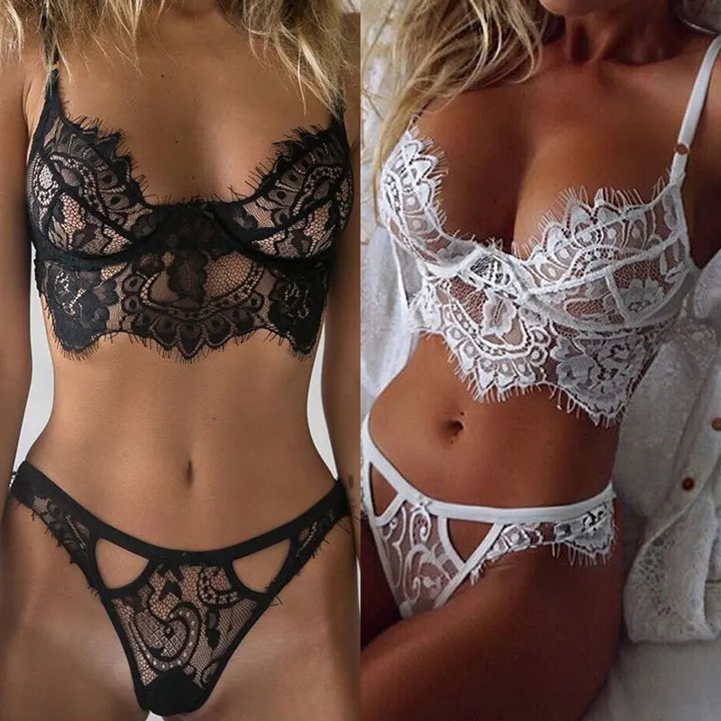 Sexy Lace Bra Set 2 Pieces Transparent Lace Floral Underwear Set