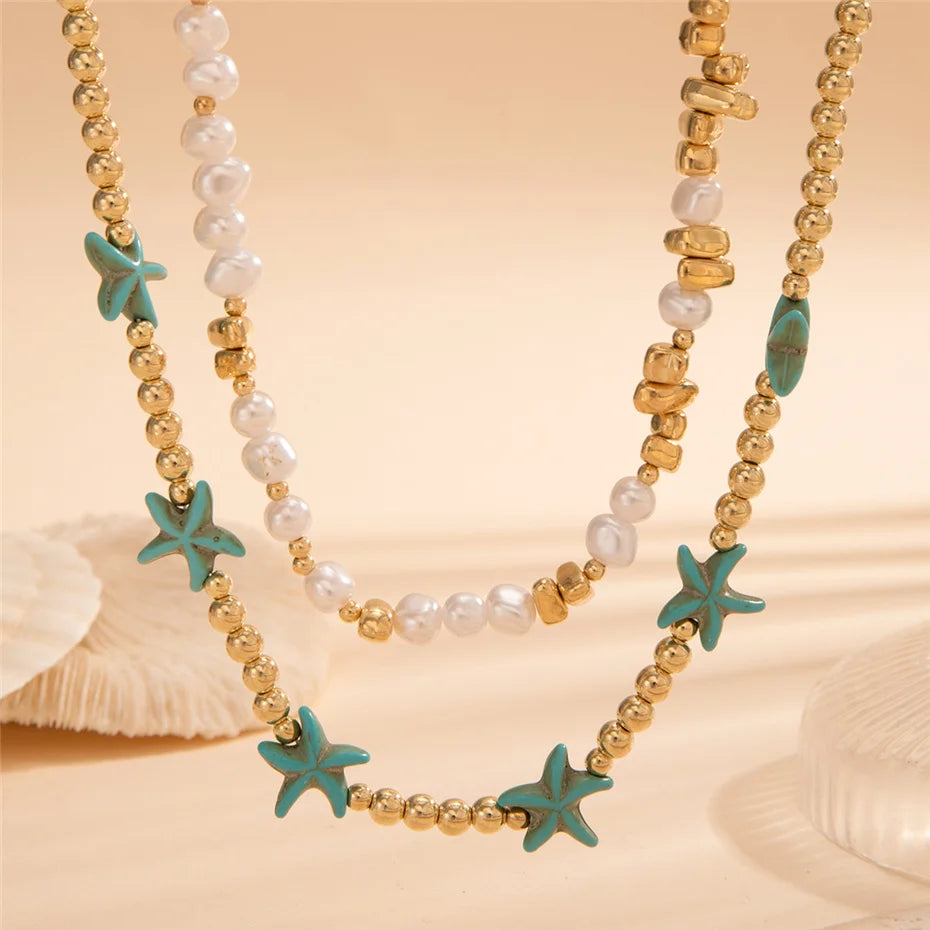 2Pcs/Set Boho Ocean Blue Starfish Star Beads Chain Necklace