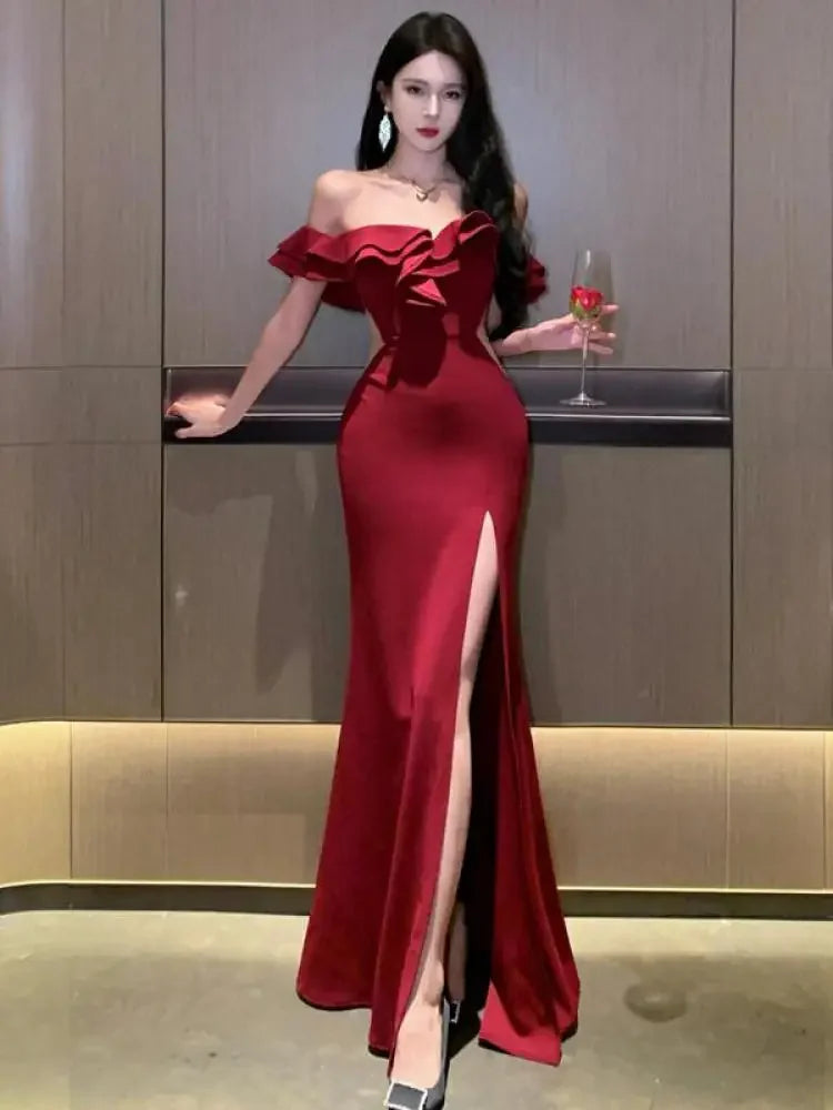 Sexy Backless High Split Ruffles Wrapped Hip Red 2024 Party Dress