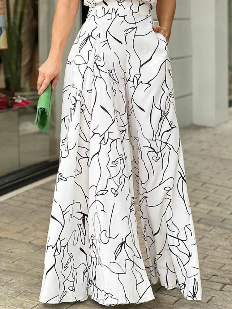 Elegant Waist Halter Casual Print Tie Sleeveless Wide Leg Long Pant Summer  Jumpsuit