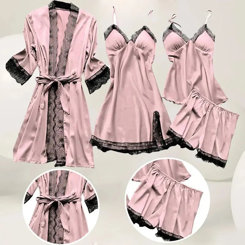 4PCS Sleepwear Silk Pajamas Set