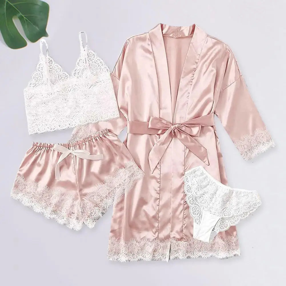 4 Pcs Women Pajama Set Soft Silk Satin Nightwear