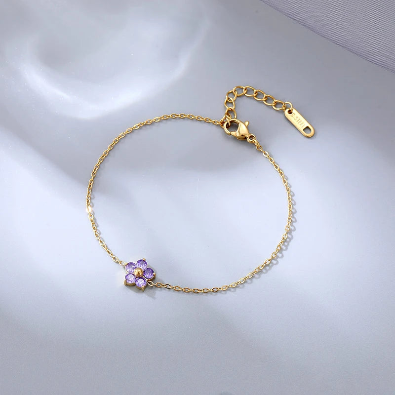 Stainless Steel 16K Gold Plated Colorful Cubic Zirconia Flower Bracelet