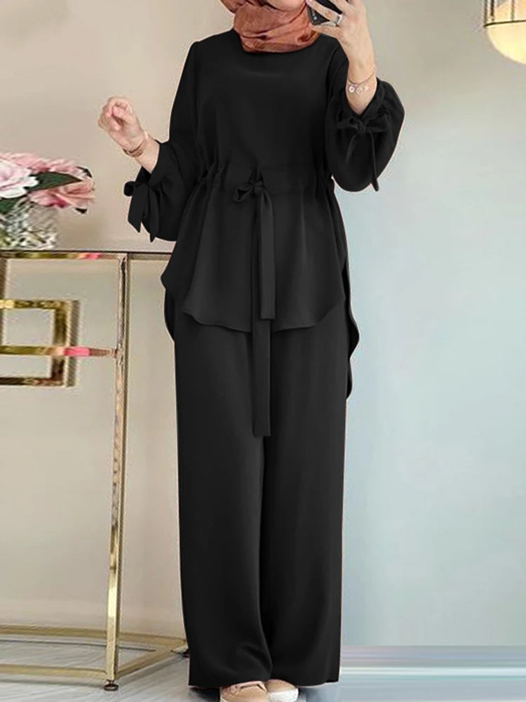 Zahra Matching Sets Long Sleeve Solid Color Tops And Loose Pant Suit