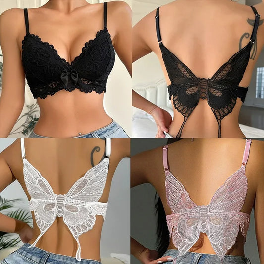 Conjunto de sujetador caliente con cuello en V, encaje, mariposa, chaleco con tirantes