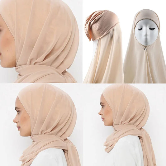 Conjunto de hijab de gasa con gorro interior de punto