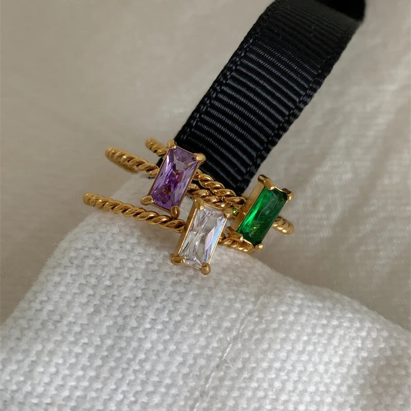 Delicate Colorful Purple Green Yellow Cubic Zirconia Square Rings