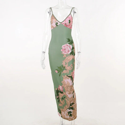 Ella Sleeveless Print Suspender Vneck slim long skirt dress