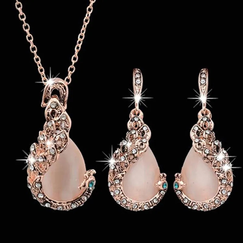 3pcs  Jewelry Sets Elegant Waterdrop Rhinestone Pendant Necklace Hook Earrings