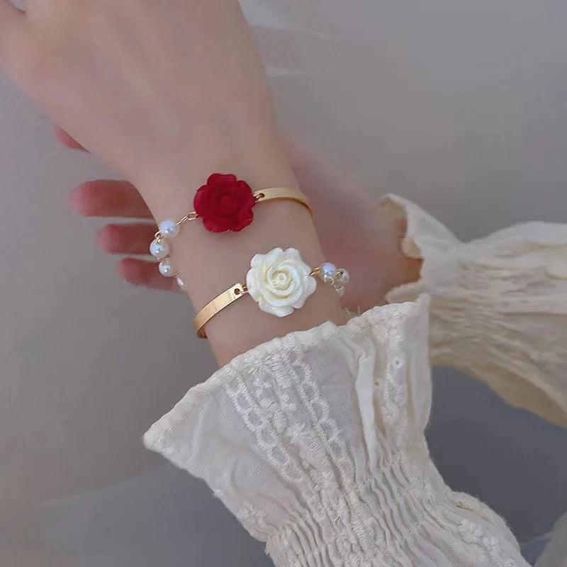 Korean Style Red Rose Imitation Pearl Bracelet