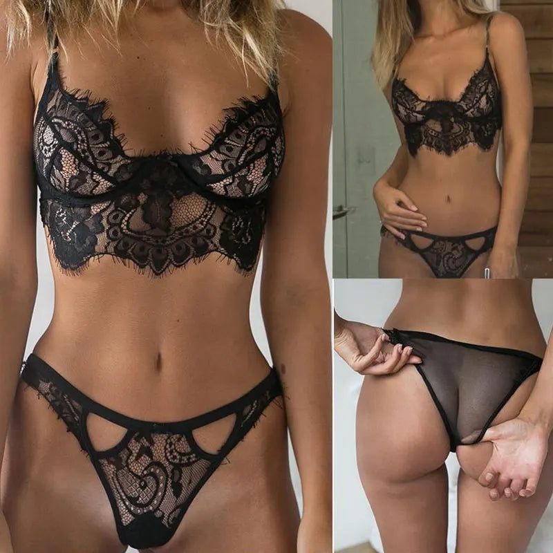 Sexy Lace Bra Set 2 Pieces Transparent Lace Floral Underwear Set