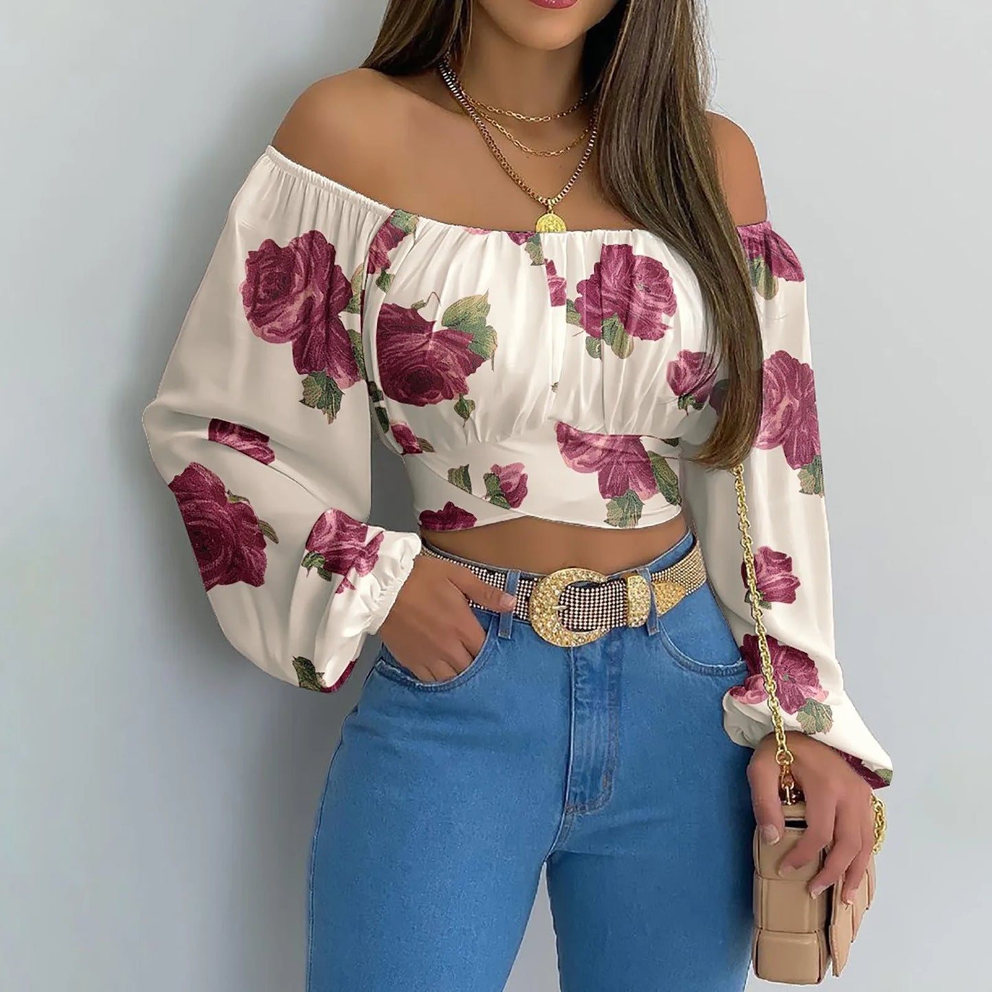 Off Shoulder Printing Blouses Chic and Elegant Lantern Long Sleeve Lace Up