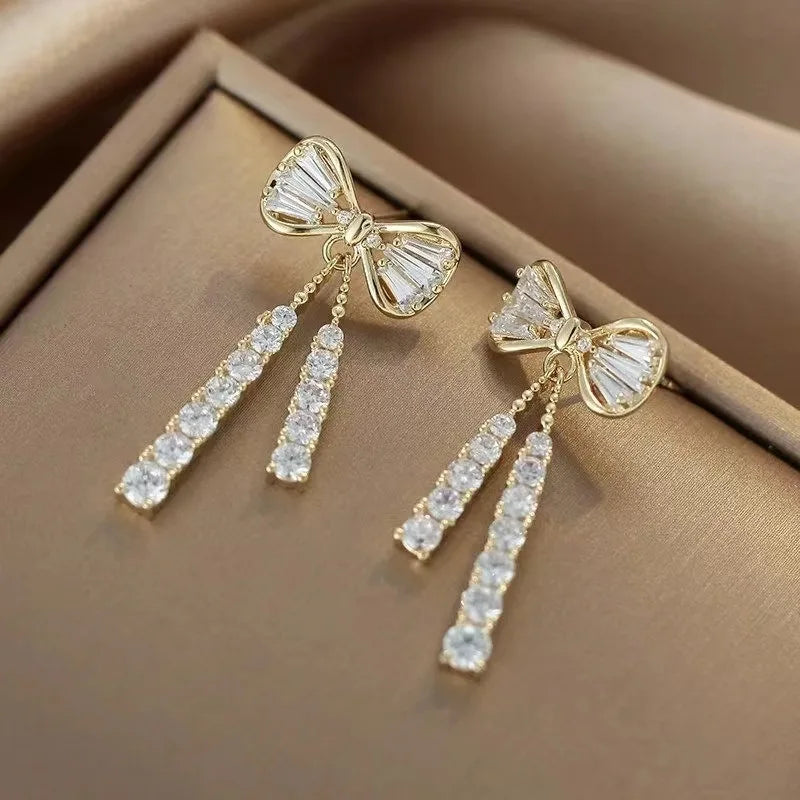 Korean Trendy Bow Crystal Drop Earrings