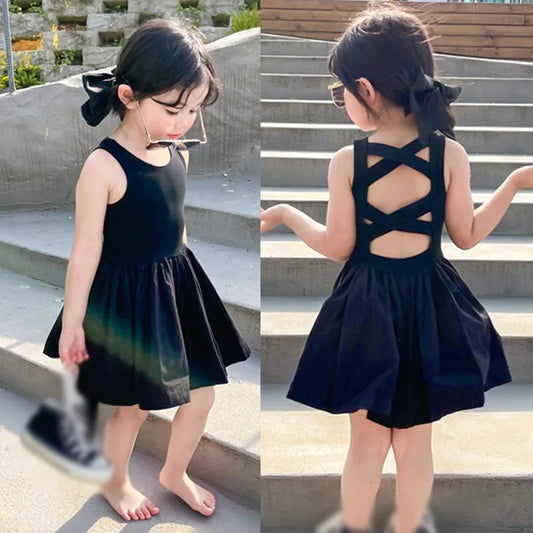 Black Sweet Cool Wind Cross Backless 1-7 Years girls Dress