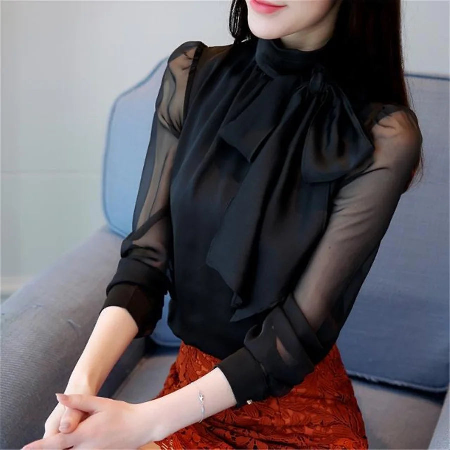 Fashion Tunic Long Sleeve Chiffon Turtleneck Formal Women Shirt