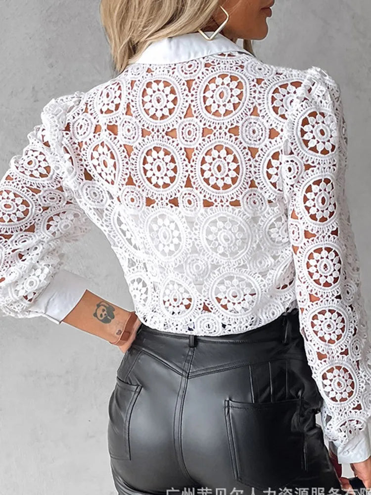 Lace Elegant Office White Long Sleeve Button Shirt